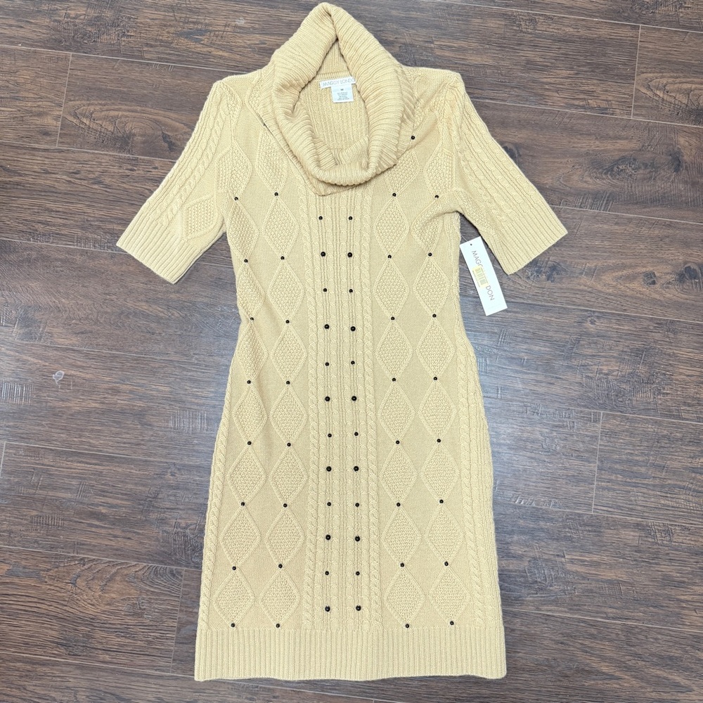 NWT MAGGY LONDON TAN SWEATER DRESS COWL NECK SHORT SLEEVES BEAD ACCENTS